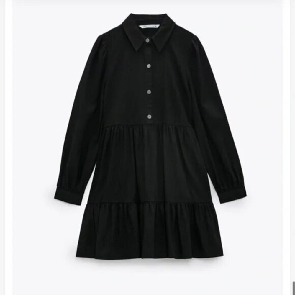Zara Chambray Denim Ruffle Tiered Poplin Dress in Black Size M